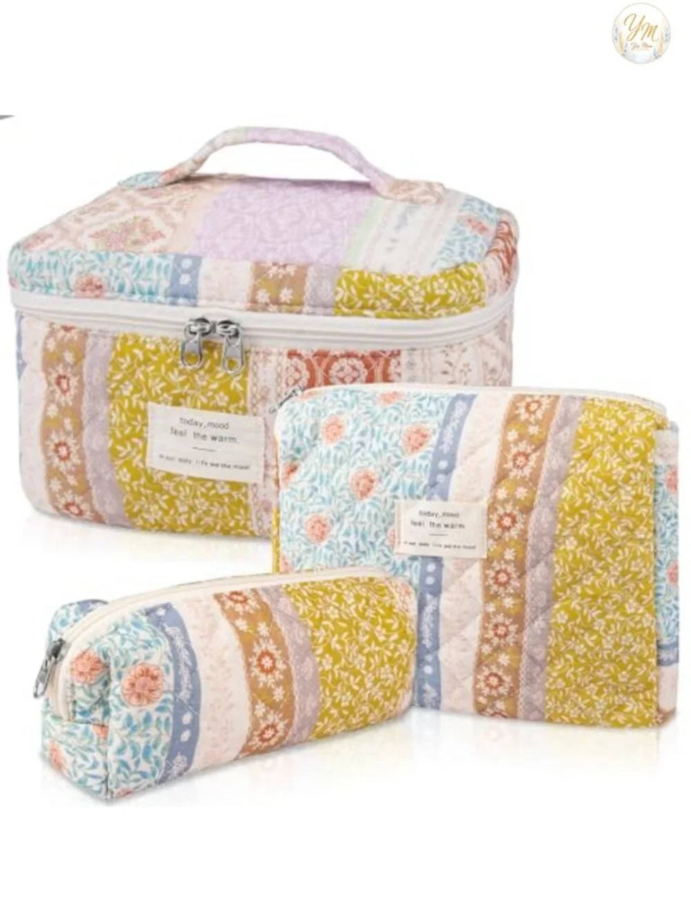 Quilted Makeup Bag Set Large Cotton Cosmetic Organizer with Gold-Plated Zippers